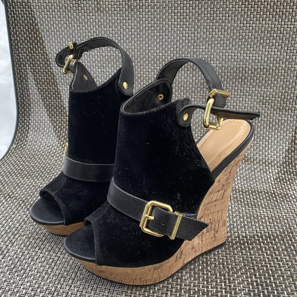 ~Ladies Shoe Dazzle Black Suede Gold Buckle Wedge Cork Slides/Heels~6.5M~NEW!~ - Picture 7 of 9